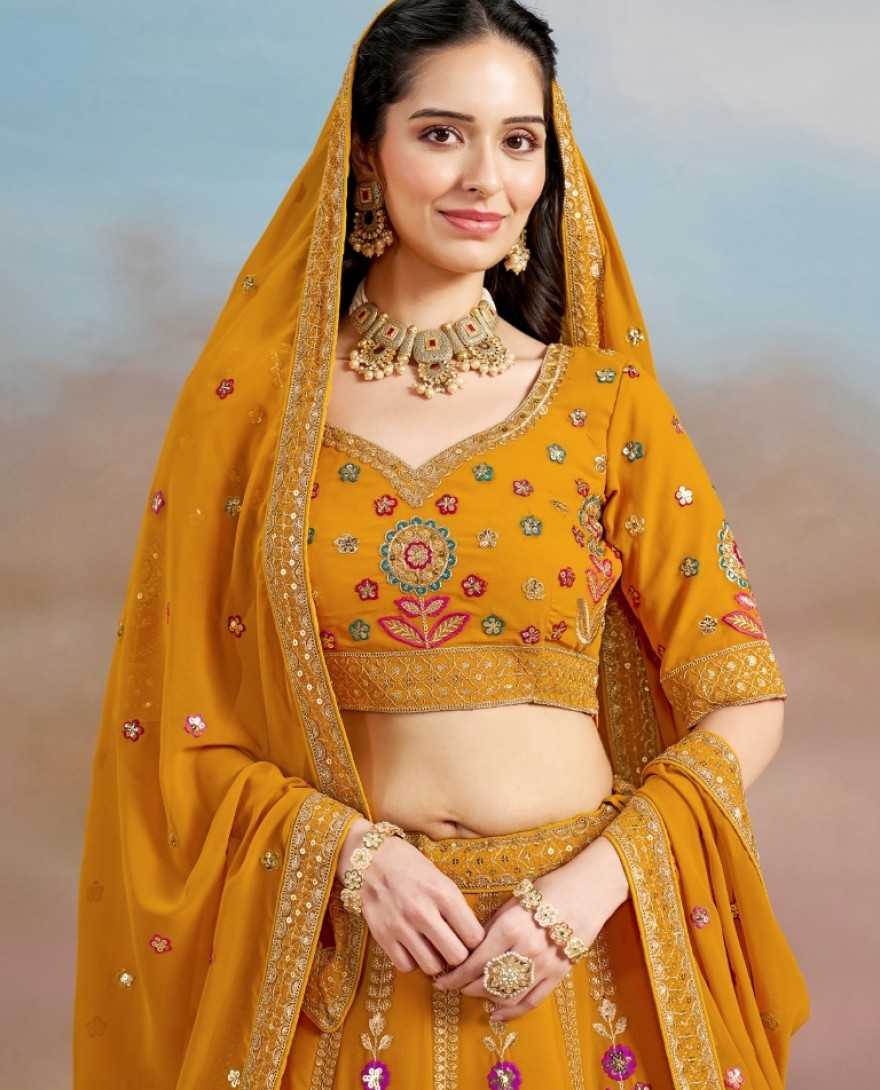 6008- YELLOW - Stunning yellow Thread Work Georgette Engagement Wear Lehenga With Blouse